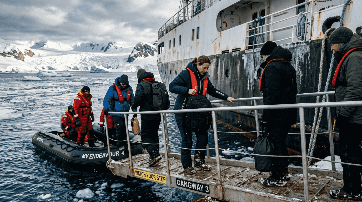 Travelers boarding zodiac on expedition cruise