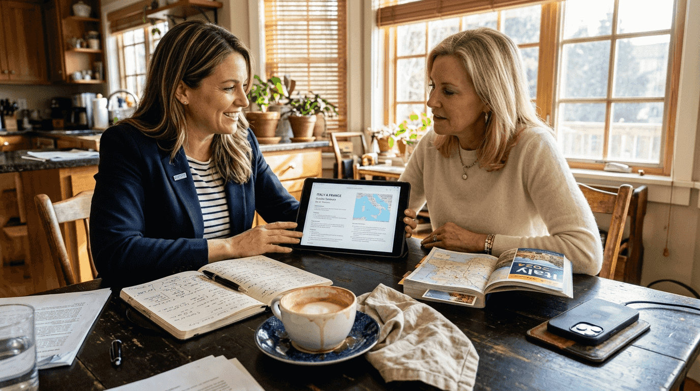 Travel agent and client planning personalized journey