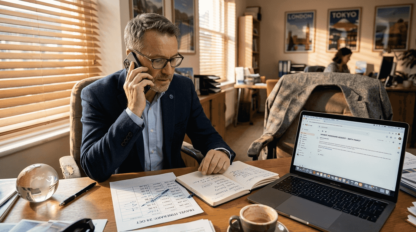 Travel agent resolving client booking problem