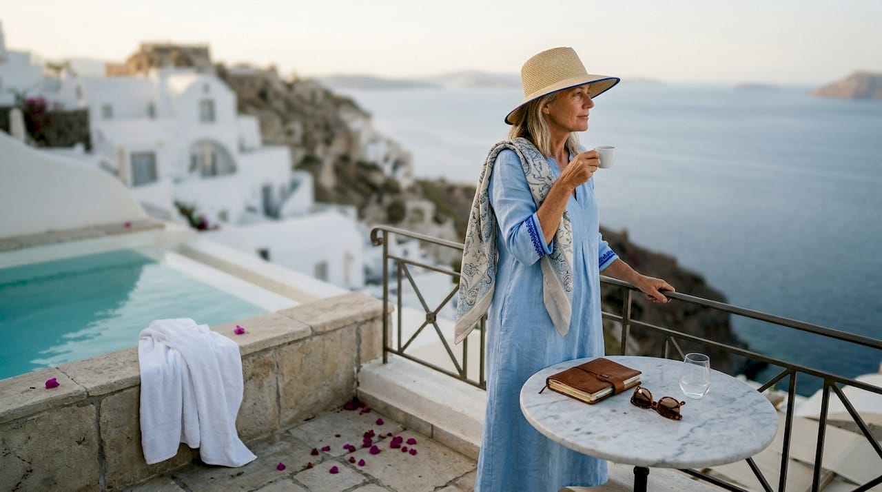 Solo luxury traveler relaxes on private terrace