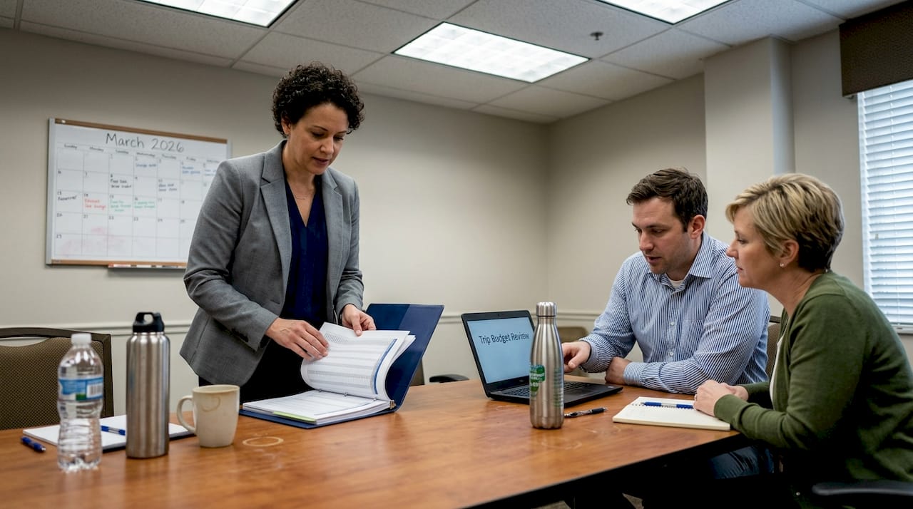 Team reviewing incentive travel budget sheet