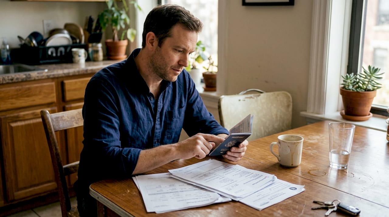 Man verifying passport and travel documents