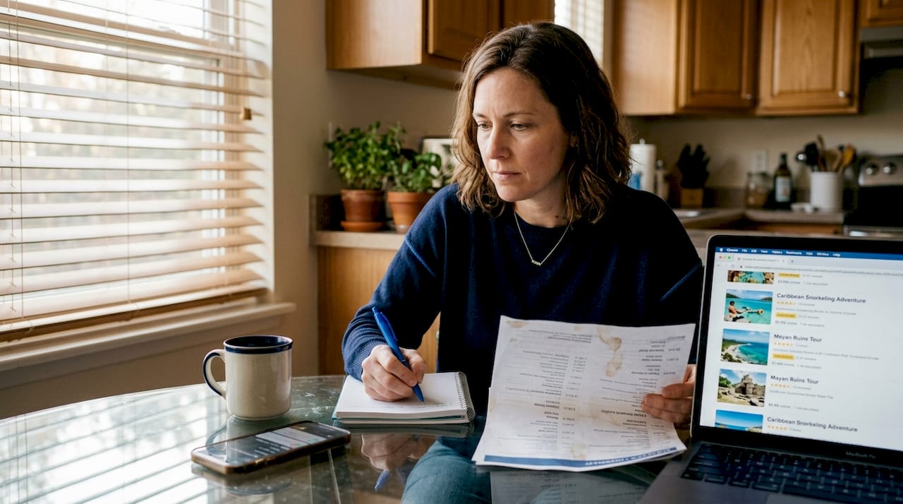Woman planning cruise itinerary at home table