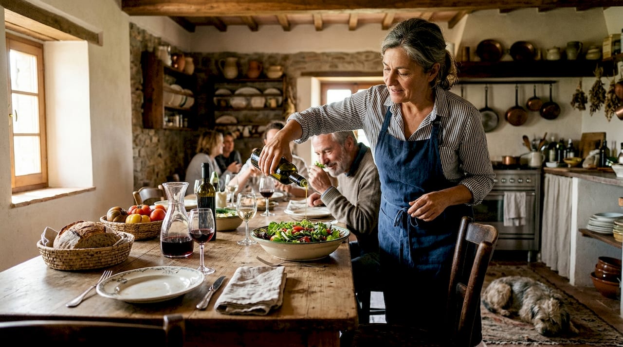 Chef preparing dinner in rustic Tuscan home