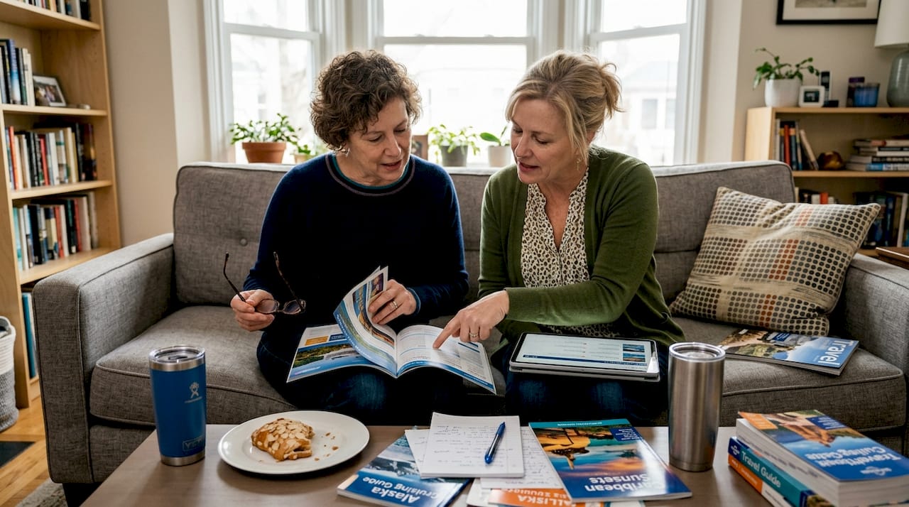 Friends researching luxury cruises in cozy living room