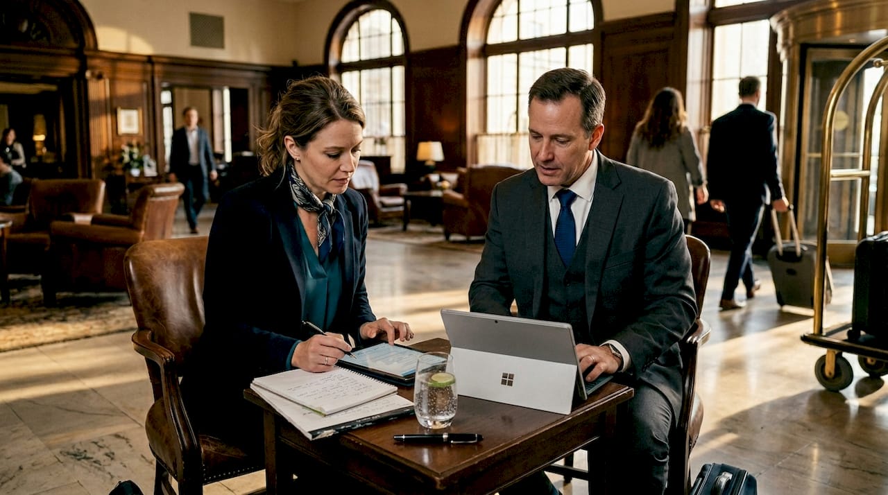 Travel planner and hotel concierge in discussion