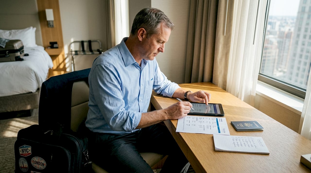 Luxury traveler reviewing trip details