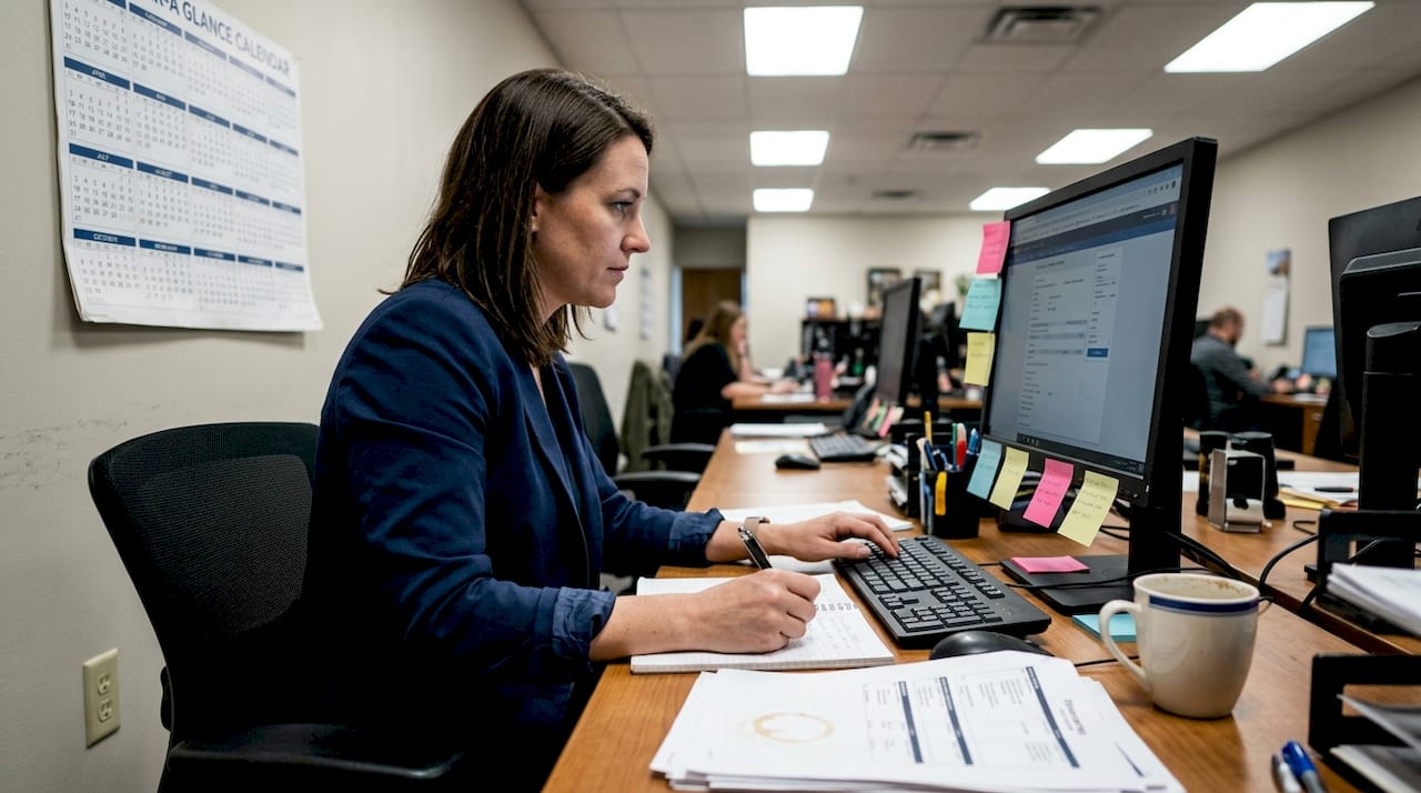 Agent confirming bookings at workspace desk