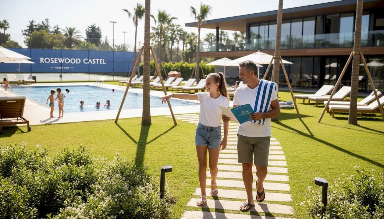 Family walking in luxury resort garden