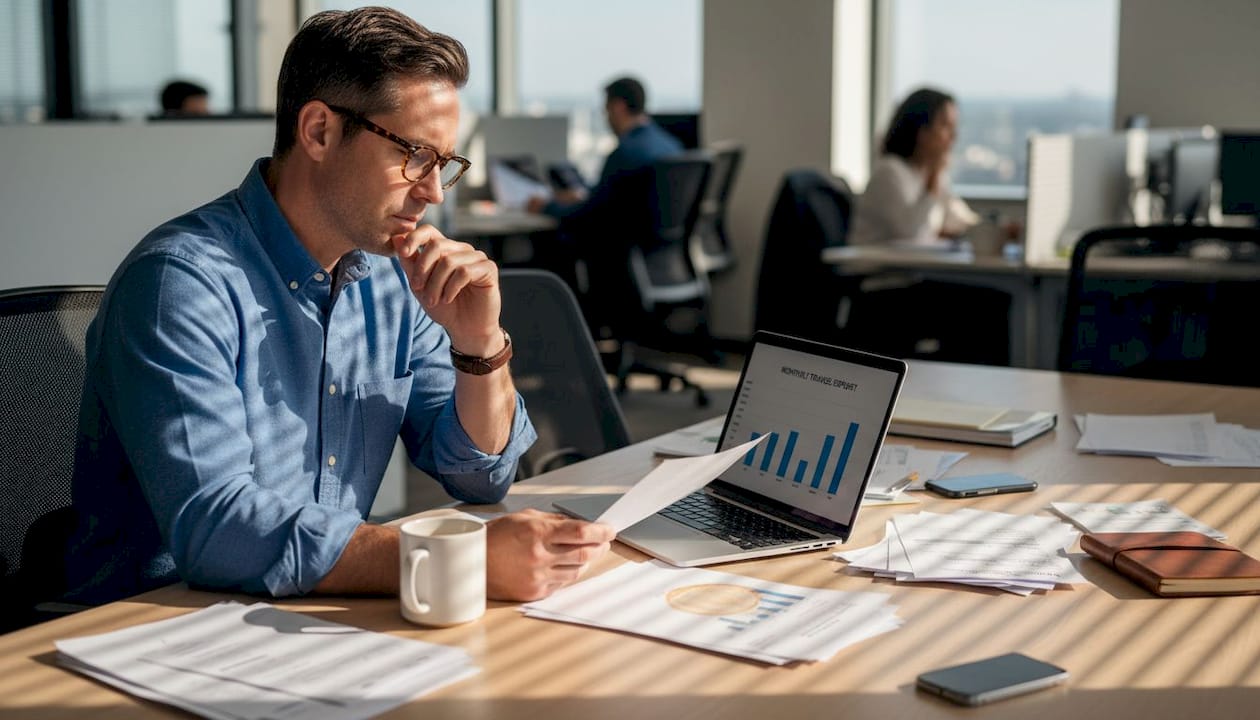 Travel manager analyzing corporate travel report
