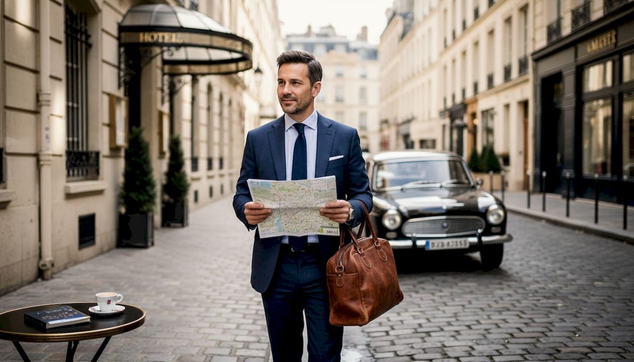 Luxury traveler outside historic city hotel