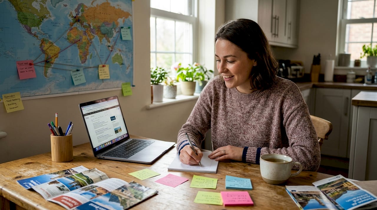 Woman mapping honeymoon itinerary at kitchen table