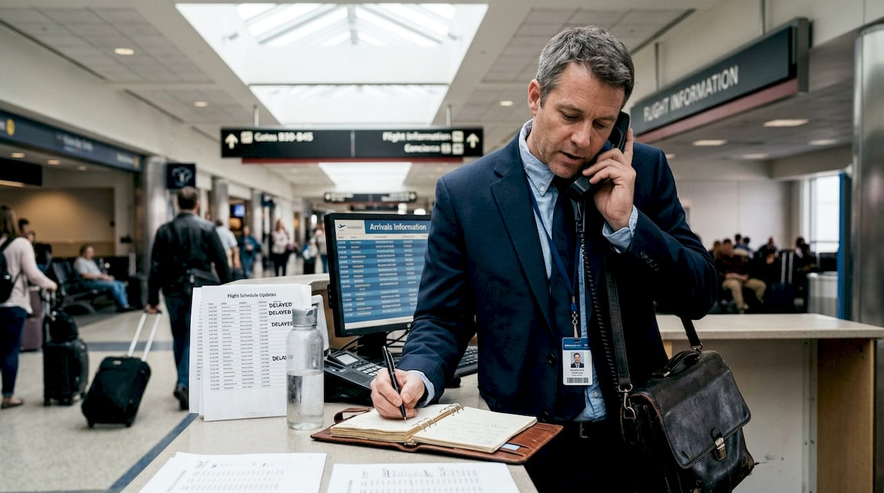 Concierge managing travel emergency at airport