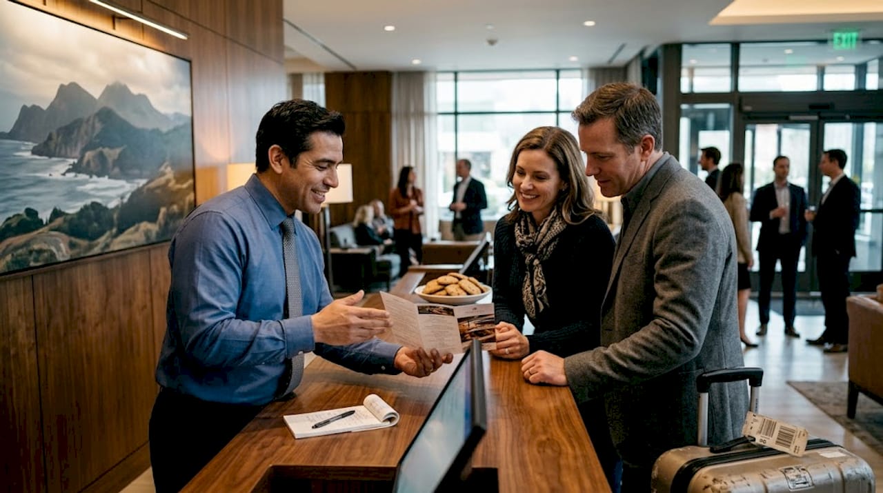 Concierge assisting guests at hotel counter