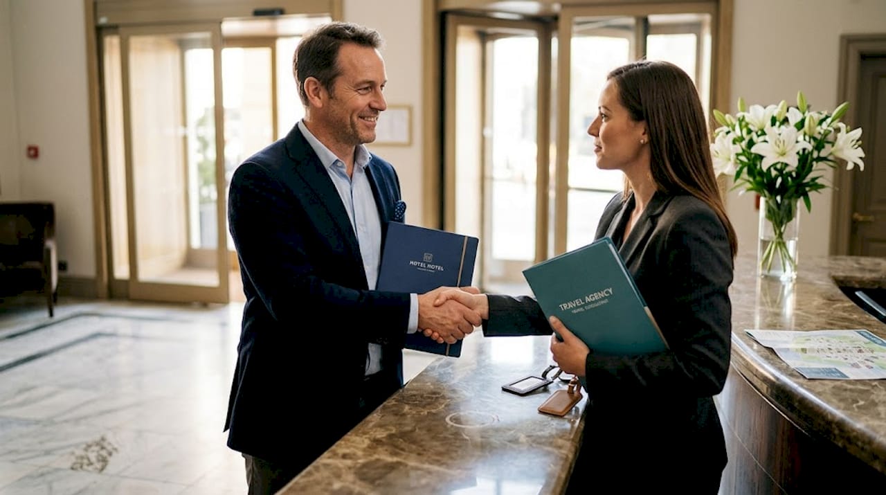 Consultant meets hotel manager in lobby
