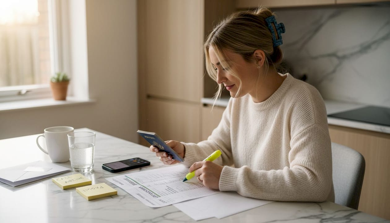 Woman reviewing honeymoon travel documents at kitchen island