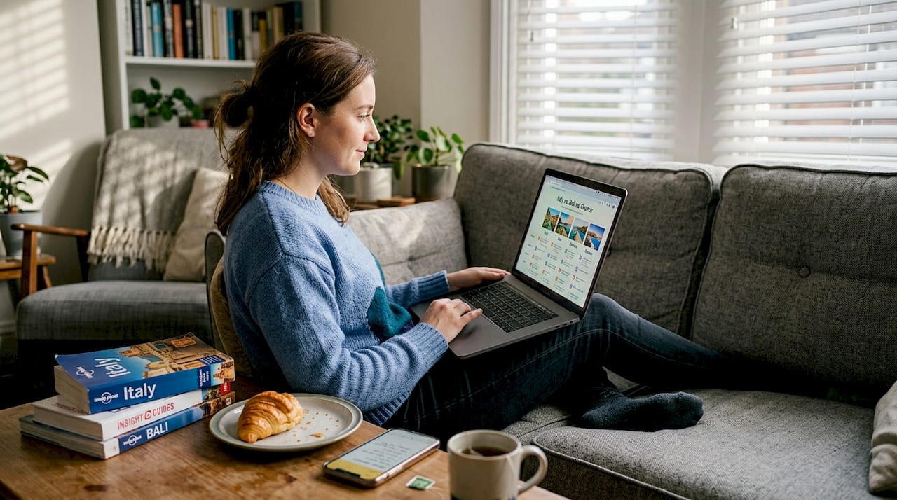 Woman reviewing honeymoon destination comparison chart