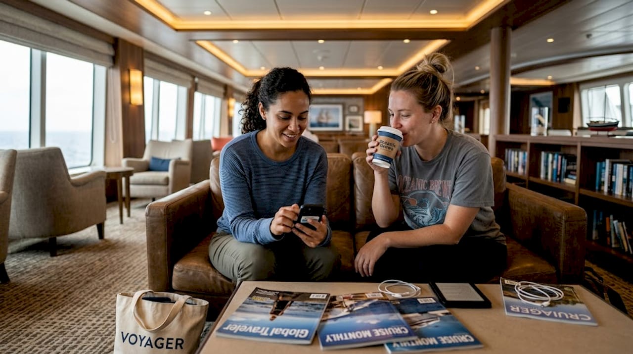 Millennial travelers relaxing on cruise lounge