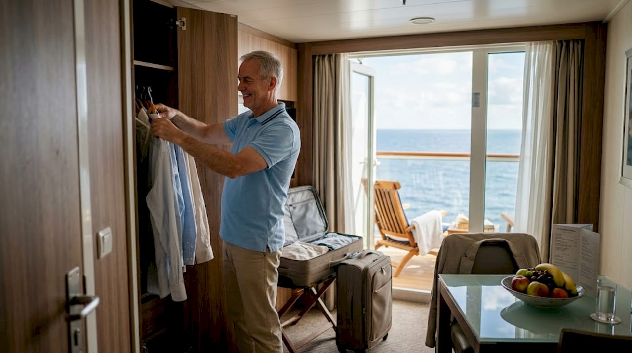 Guest settling into cruise suite with balcony