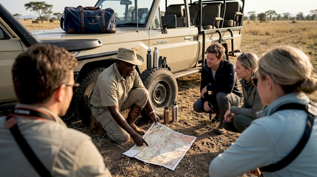 Safari guide shows travelers map beside vehicle