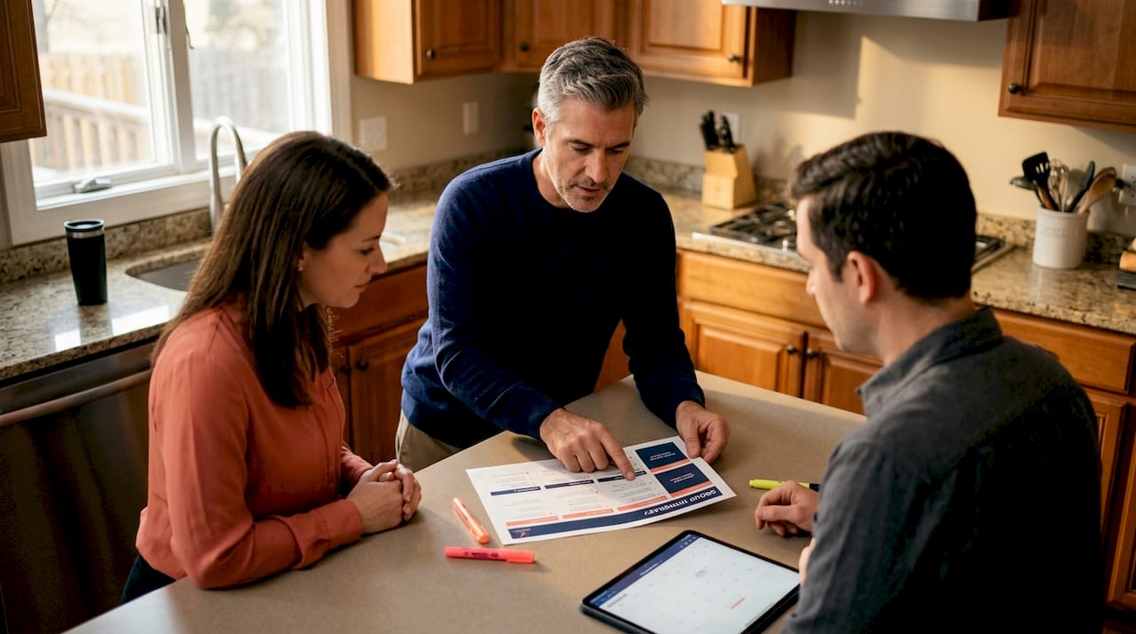 Group travel planning around kitchen island
