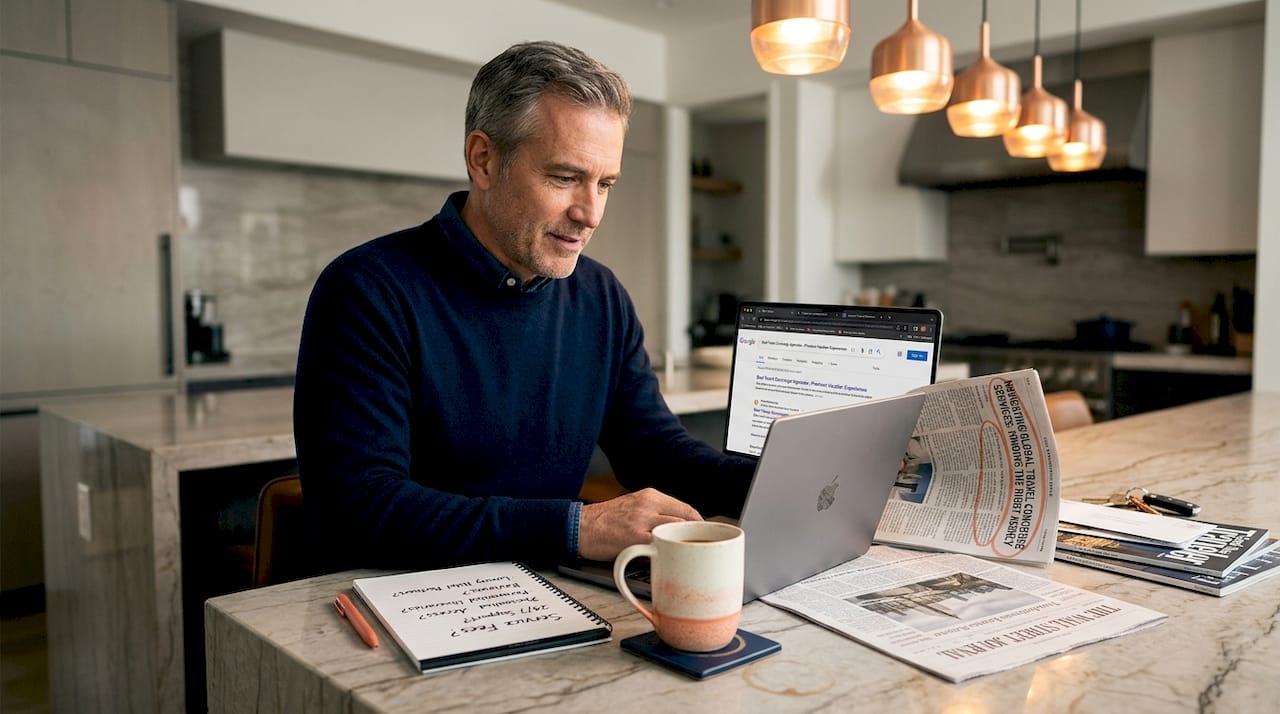 Man researching travel concierge options at kitchen island