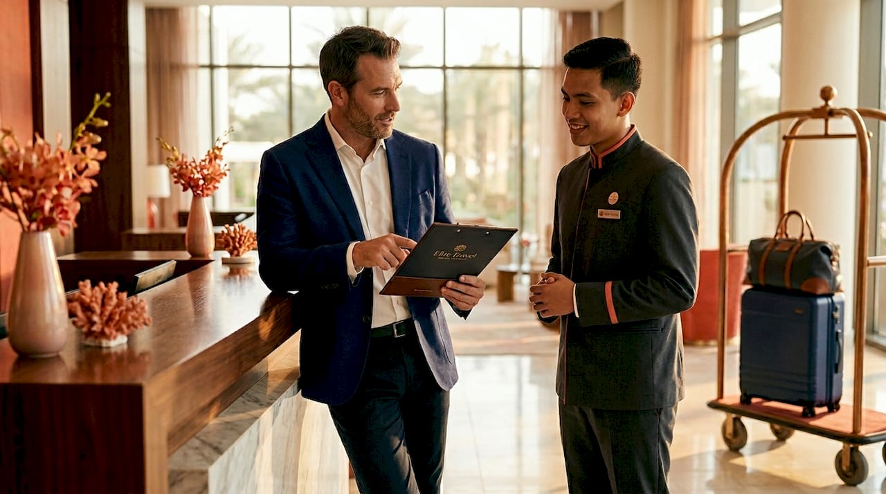 Luxury hotel guest coordinating logistics
