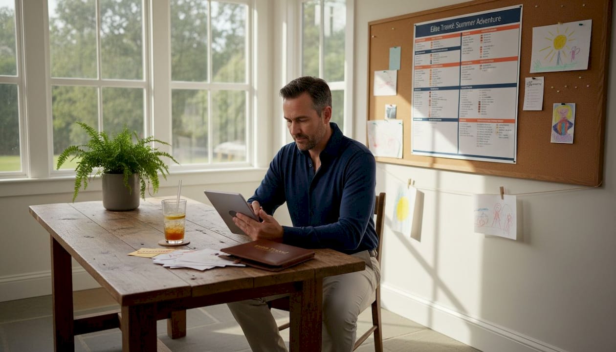 Man updating travel itinerary at kitchen island