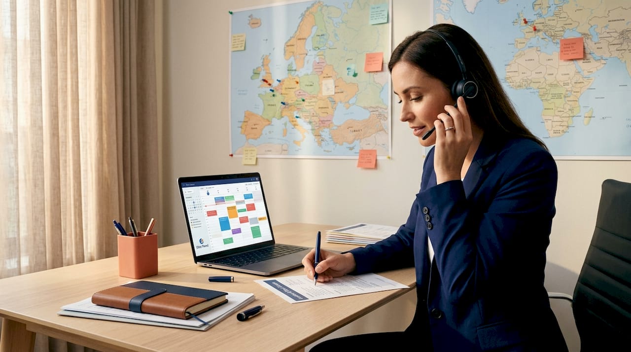 Travel advisor planning at bright office desk