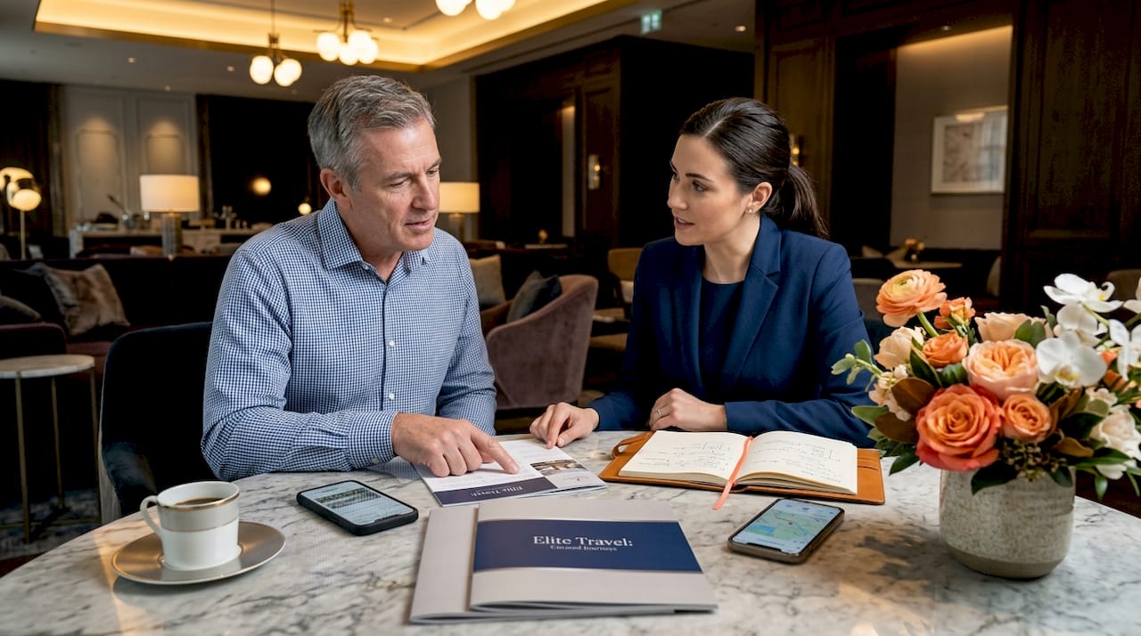 Travel planning with concierge and client at table