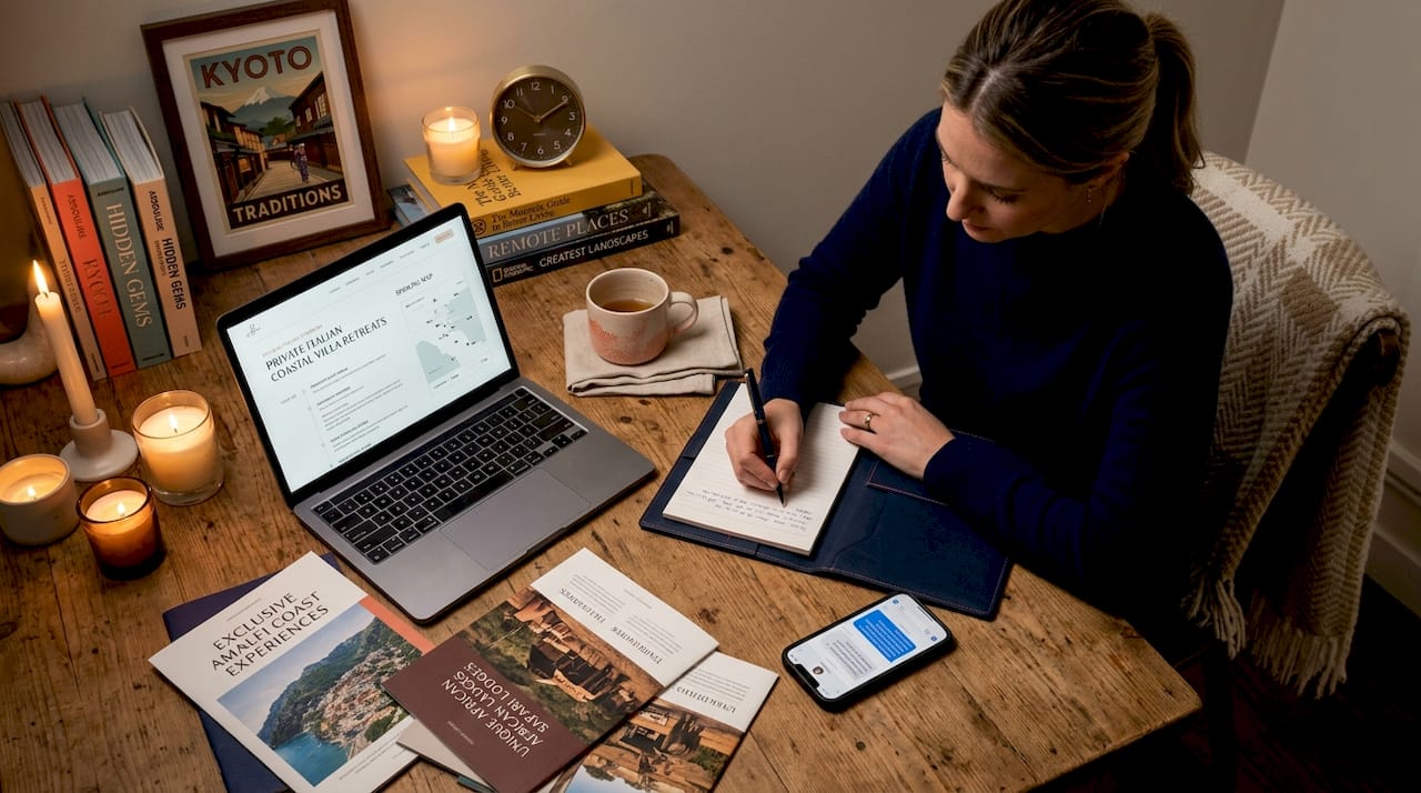 Travel designer planning with maps and notes