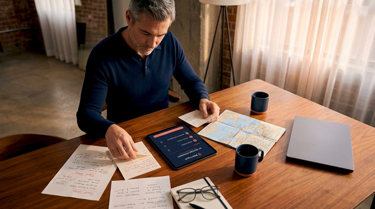 Traveler using AI and papers for trip planning
