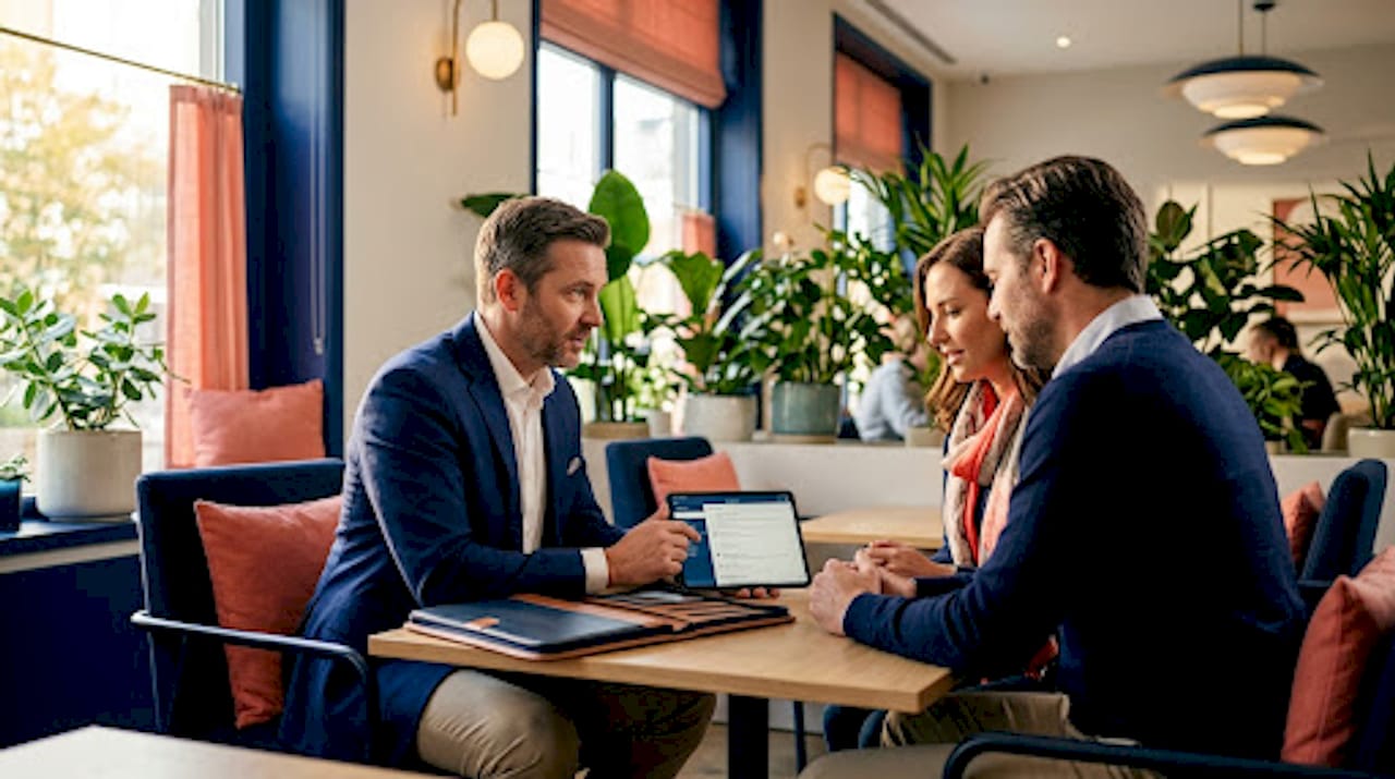 Concierge consults clients in travel office