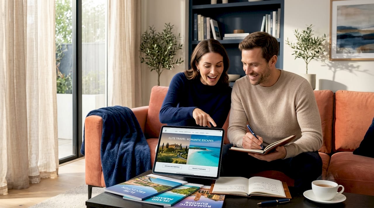 Couple researching romantic milestone travel in living room