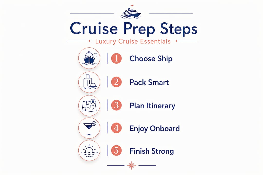 Infographic showing five steps for luxury cruise preparation