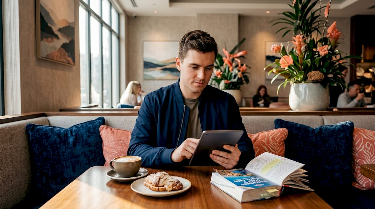 Solo traveler relaxing at local café with itinerary