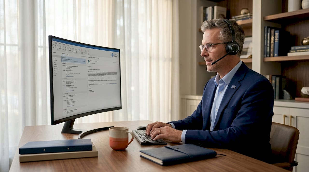 Travel agent providing remote assistance at desk