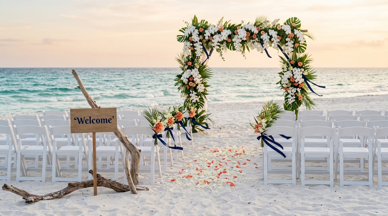 Outdoor tropical beach wedding setup at resort