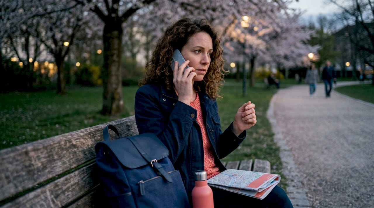 Traveler contacting emergency assistance on smartphone