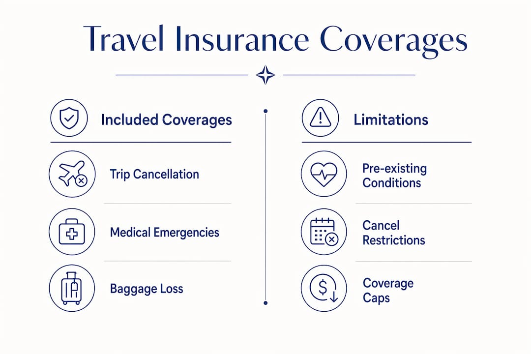 Infographic comparing travel insurance coverages and limitations