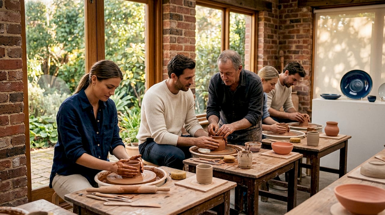 Travelers in pottery workshop cultural experience