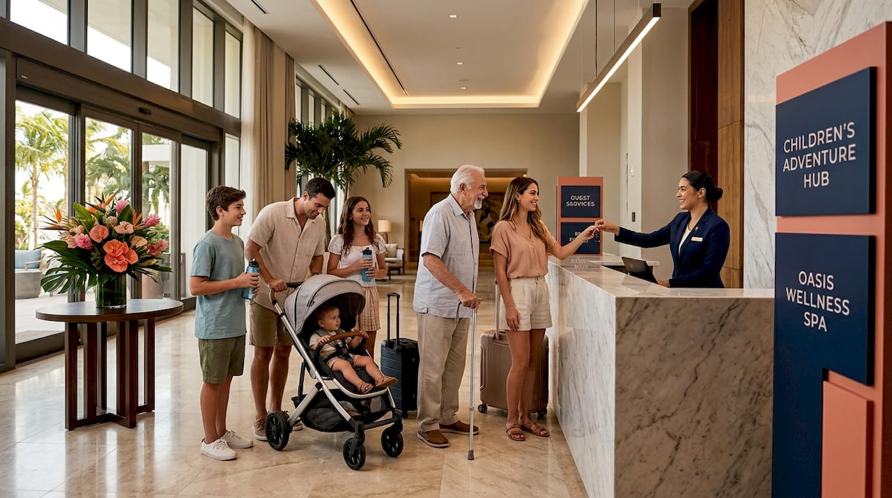 Multi-generational family checking into age-friendly resort