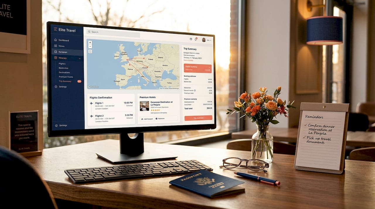 Home office desk with travel itinerary screen