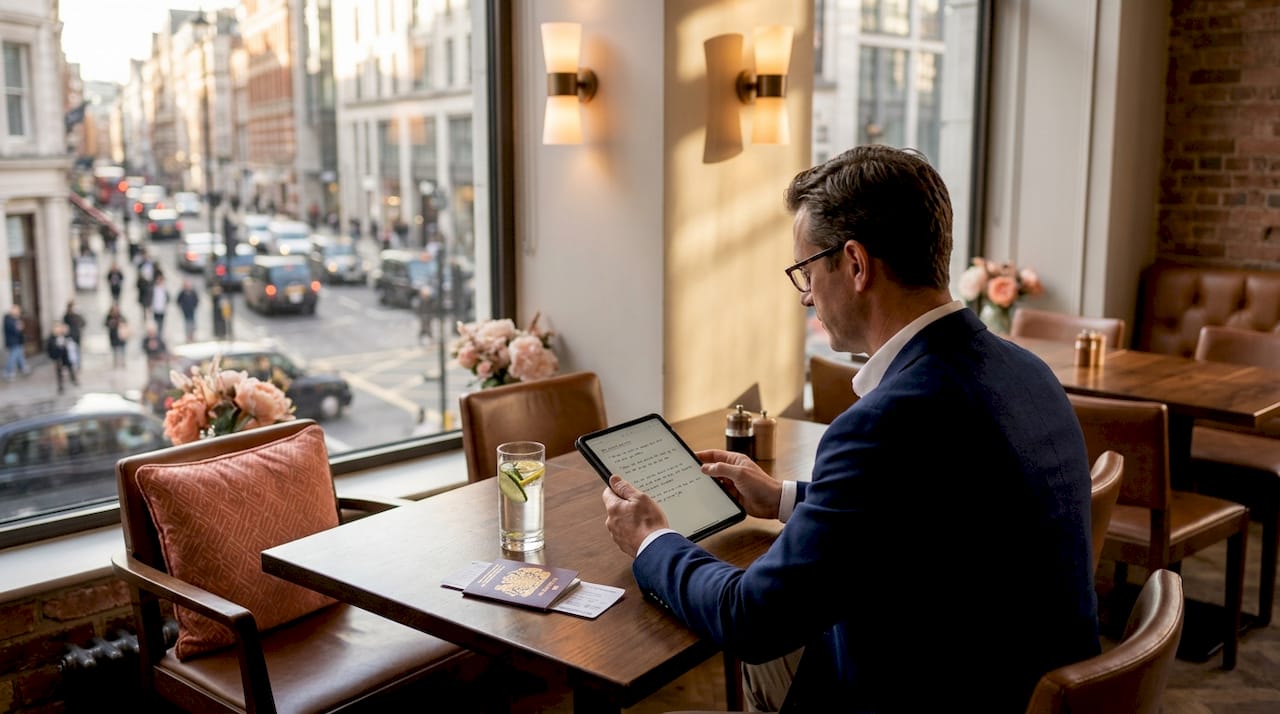 Business traveler reviewing trip purpose in airport lounge