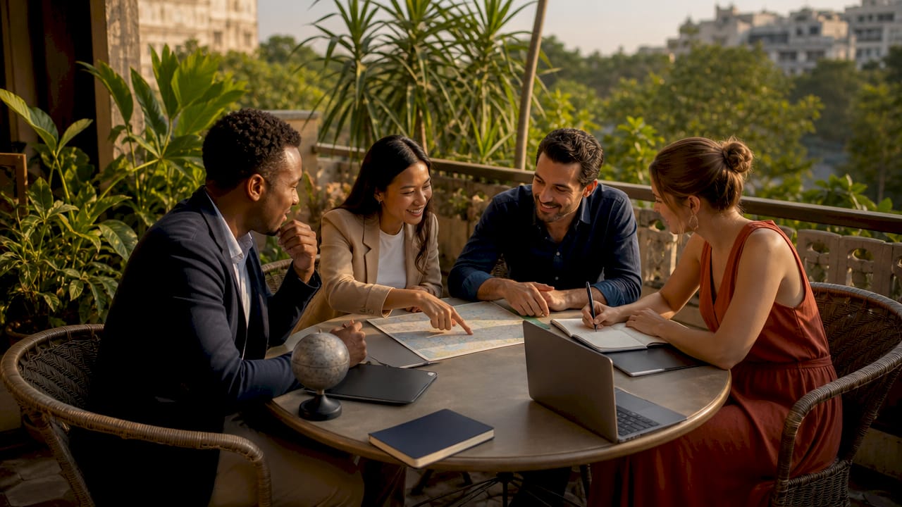 Group discussing travel partnerships around table