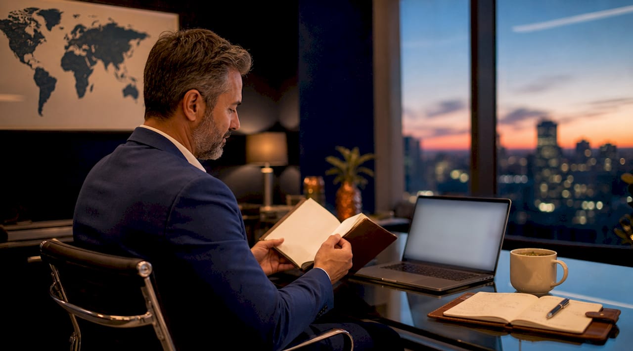 Travel consultant reviewing printed itinerary