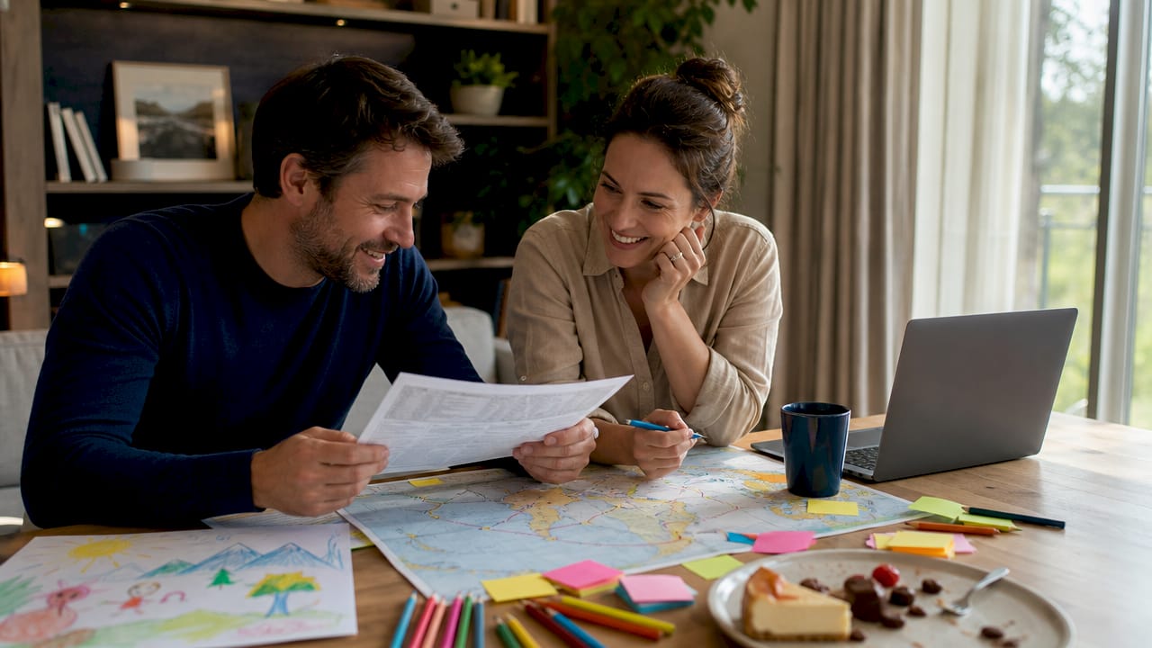 Parents planning family travel itinerary together