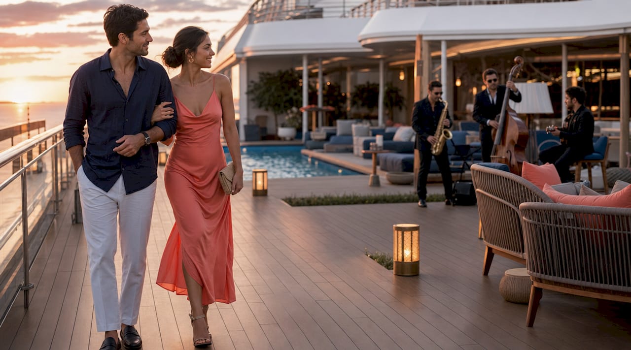 Couple exploring cruise ship dining and entertainment areas