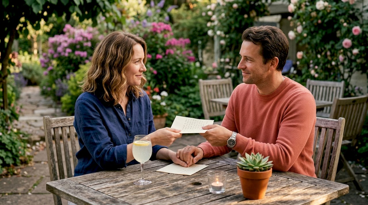 Hands exchanging love note at breakfast