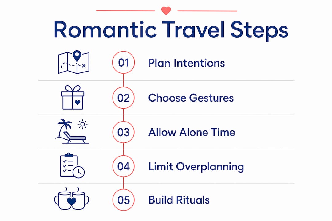 Infographic outlining key steps for romantic travel moments